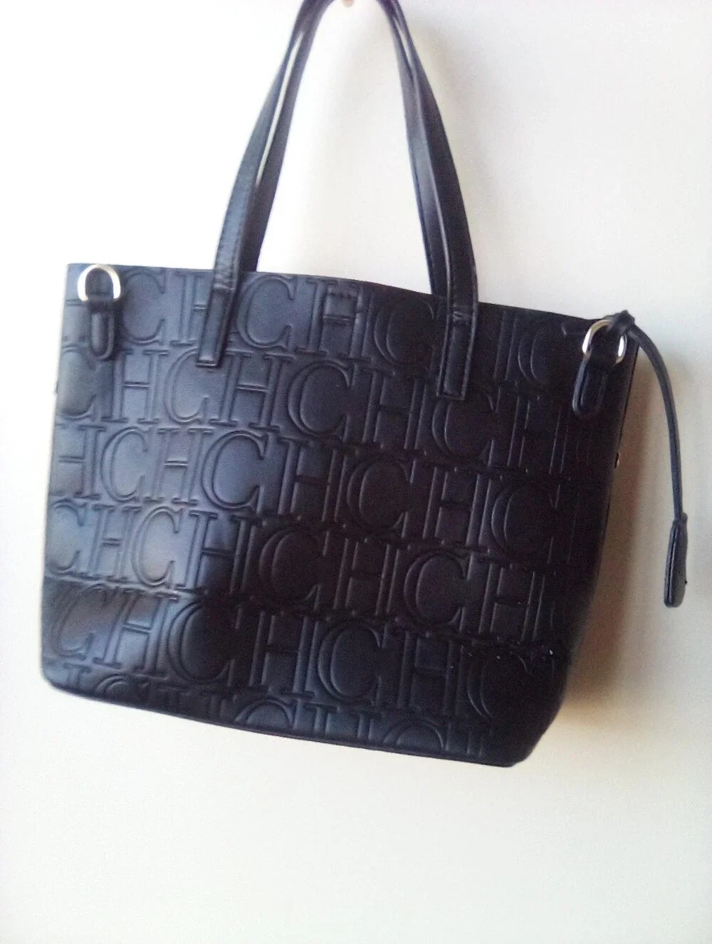 Women’s Embossed CHCH Logo Tote Bag in Black with Red Interior - Picture 9 of 10